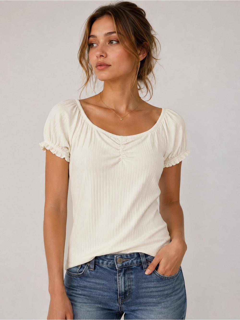 Eye Candy Cream Ribbed Off Shoulder Top Ruched Front Puff Sleeve Size Large NWT